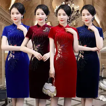 2023 китайское традиционное платье улучшенное ципао национальный цветок бархатный чонсам с блестками восточное вечернее платье для банкета vestido
