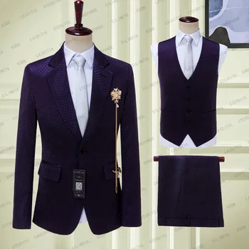 2023 Мужские костюмы С фиолетовым тиснением в виде волнистой точки, три предмета, Мужское платье, Повседневный Офисный деловой комплект для Свадьбы