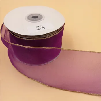 63 мм 25 ярдов фиолетовой ленты из органзы с золотым узором для украшения подарка на день рождения 2-1/2 