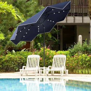 9-футовый зонт для патио со светодиодными солнечными лампами темно-синего цвета