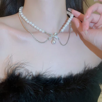 DREJEW Изысканная двойная женская цепочка с имитацией жемчуга, ожерелье-чокер с бантом из горного хрусталя, подарок подруге на день рождения