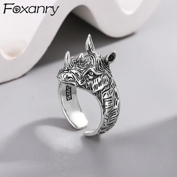 Foxanry 1 шт., Серебряное кольцо с Геометрическим Рисунком Животного Носорога Для женщин, пар, Винтажные креативные ювелирные изделия для вечеринок в стиле хип-хоп, подарки оптом