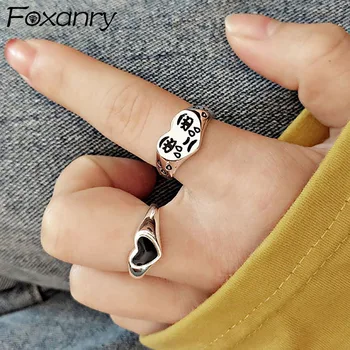 Foxanry штамп, черные кольца с сердечками для женщин, Новая мода, милое мультяшное лицо, тайские серебряные украшения для рок-вечеринок, подарки