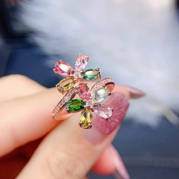 MeiBaPJ, натуральный красочный Турмалин, модное кольцо с цветком из настоящего стерлингового серебра 925 пробы, изысканные свадебные украшения