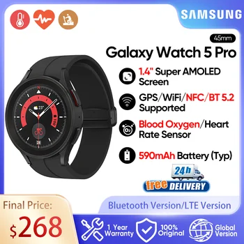 Samsung Galaxy Watch 5 Pro 45 мм Умные Часы С Сапфировым Стеклом, Дисплей для измерения артериального давления, ЭКГ, Фитнес-Часы Для Galaxy S23 Ultra