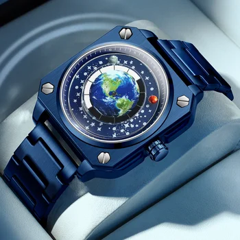 Sdotter Blue Earth Watch Мужские Кварцевые Часы с Обширной Вселенной Креативного Дизайна 42 мм Квадратной Формы Из Нержавеющей Стали Relogio Masculino