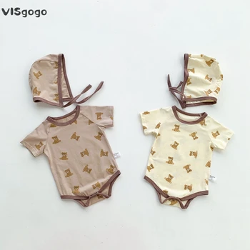 VISgogo, летний комбинезон для новорожденных, комбинезон с милым рисунком медведя, короткий рукав + шапочка для маленьких девочек и мальчиков 0-24 месяцев