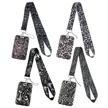 YQ1278 Чистый черный ремешок для ключей с цветочным узором, шейный ремешок, брелок для ключей, идентификационная карта, ремешок для телефона, держатель для бейджа, ювелирные изделия из Лариата