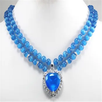 Благородный 2 ряда 8 мм небесно-голубой камень кошачий глаз, подвеска из голубого кристалла, модное Ювелирное ожерелье