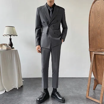 (Блейзер + брюки) Британский Джентльменский двубортный Мужской костюм в полоску Корейской Версии, приталенный Для свадебной вечеринки, комплект из 2 предметов