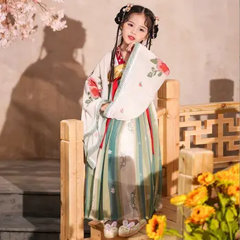 Весенне-летний детский китайский костюм эпохи Тан для девочек Hanfu, Древний костюм Супер феи, платье для выступлений