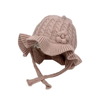 Вязаная шапка для новорожденных девочек, Детские шапочки с цветочным рисунком по краю, Осенне-зимняя шапка с капюшоном
