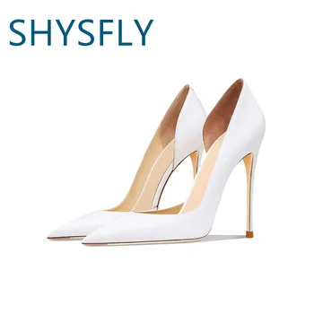 Дизайнерские модельные туфли SHYSFLY из натуральной кожи Для дам, Стеллеты с острым носком, Выдалбливают Высокий каблук, Женские туфли-лодочки Большого размера, Свадебные