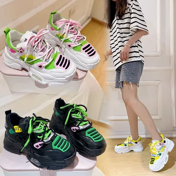Европейские кроссовки с цветными блоками, новая повседневная женская обувь на толстой подошве, модная универсальная дышащая спортивная обувь для тренировок