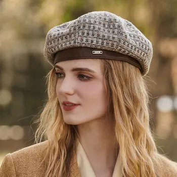 Женский берет, Восьмиугольная шляпа, женская теплая шляпа художника в клетку в стиле Хаундстут, осенне-зимняя мода в британском ретро стиле