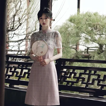 Женское платье в китайском стиле, Модное Элегантное розовое кружевное Ципао трапециевидной формы, Винтажный воротник-стойка, вечернее платье Cheongsam Vestidos