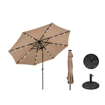 Зонт на солнечной батарее со светодиодной подсветкой коричневого цвета с подставкой для сада на открытом воздухе