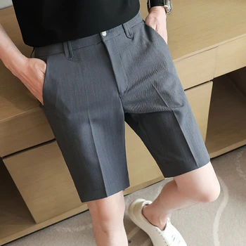 Изысканный корейский мужской летний простой костюм, шорты, Мужские шорты с полуэластичной талией, Мужские облегающие деловые повседневные шорты длиной до колена