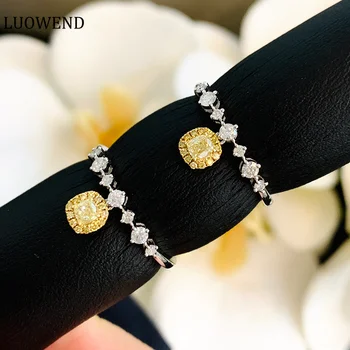 Кольца из белого золота 18 Карат LUOWEND с настоящим натуральным желтым бриллиантом Модная Квадратная Подвеска в форме Обручальных Колец для женщин, Помолвки