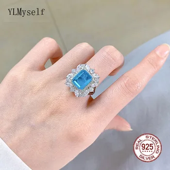 Кольцо из настоящего серебра 925 пробы, большой прямоугольник 9*11, голубой топаз, блестящие ювелирные украшения с родиевым покрытием для женщин