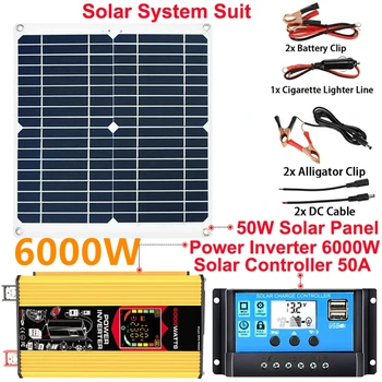 Комплект Солнечной энергетической системы 6000 Вт Модифицированный Синусоидальный Автомобильный Инвертор 12 В до 110/220 В + Солнечная панель 50 Вт/18 В + Солнечный контроллер 50A