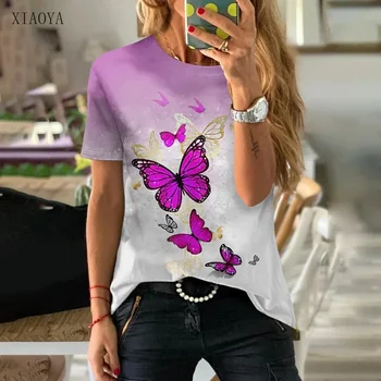 Летние новые футболки для женщин, модная разноцветная футболка с коротким рукавом и принтом бабочки, Женская повседневная рубашка на каждый день, Горячая распродажа, Женская рубашка