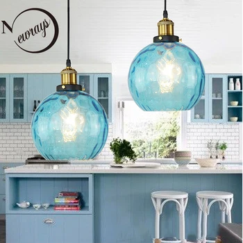 Лофт современный стеклянный подвесной светильник синего цвета LED E27, винтажный подвесной светильник в скандинавском стиле 3 размера для спальни, лобби, ресторана, офиса