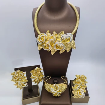 Модный Ювелирный набор для женщин, Медное двухцветное ожерелье и серьги с большим Цветком, Свадебный набор для помолвки, Дубай, Африканский ювелирный подарок