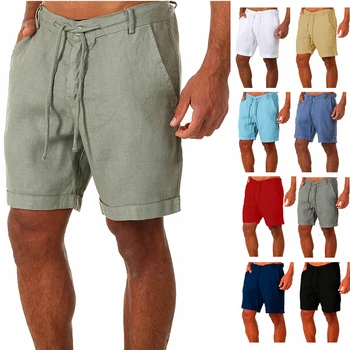 Мужские летние дышащие однотонные льняные брюки, Мужские хлопчатобумажные льняные шорты, Брюки для фитнеса, уличная одежда, Шорты для мужчин, спортивные брюки