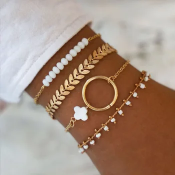 Набор браслетов с листьями Богемного золотого цвета для женщин, Белые бусины, Круглый браслет-обертка, ювелирный подарок для девочек в стиле бохо