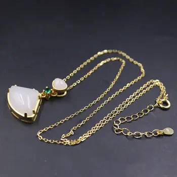 Натуральный белый нефритовый кулон в форме веера из нефрита класса А с позолотой поверх серебряного ожерелья 925 пробы