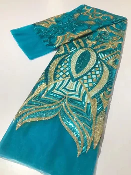 Небесно-Голубая Высококачественная Модная Французская Сетчатая Кружевная ткань с вышивкой в африканском Нигерийском стиле, Кружевная ткань с пайетками Для Свадебного платья