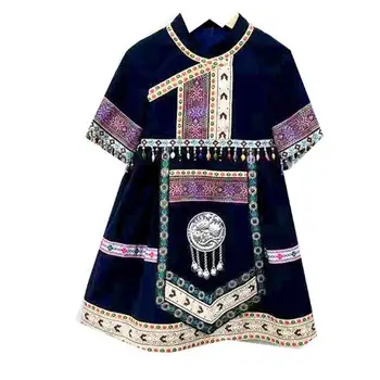 Новое китайское платье Принцессы в стиле этнических меньшинств для летних девочек в стиле ретро с коротким рукавом и принтом