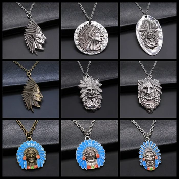 Ожерелье с подвеской вождя индейского племени для женщин и мужчин, Этническое ювелирное ожерелье, Подарок, Длинная Цепочка, Металлическая цепочка, ожерелье, ювелирные изделия