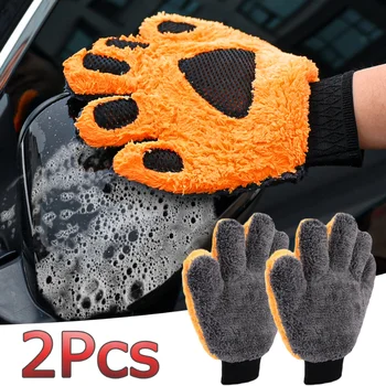 Перчатки для мытья автомобиля с пятью пальцами Из мягкого кораллового флиса, Перчатка для чистки кузова автомобиля без царапин, Утолщенная рукавица для мытья медвежьей лапы