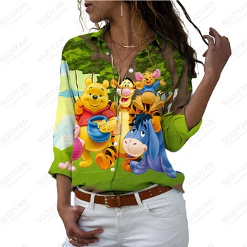 Рубашка Disney для девочек, кардиган с длинным рукавом и V-образным вырезом, топ на пуговицах, 3D принт 2023, Новый Мультяшный Узор, Большие Размеры, Микки и Минни, Простой