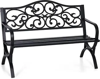 Садовая Скамейка со стальным каркасом из чугуна, Уличный стул-скамейка со спинкой с цветочным дизайном, решетчатое сиденье для парка, двора и крыльца, черный