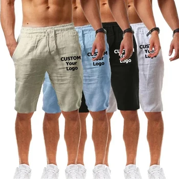 Сделай САМ, изготовленный на заказ логотип, Летние мужские льняные хлопчатобумажные шорты, брюки, мужские дышащие однотонные брюки, уличная одежда для фитнеса, Свободные