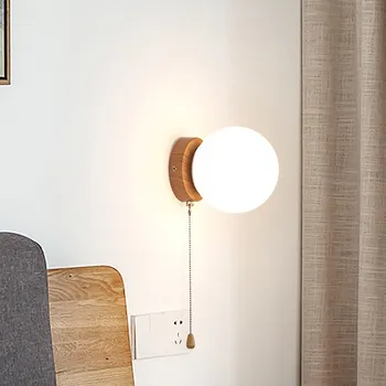 Скандинавский светодиодный стеклянный настенный светильник, минималистичный молочно-белый круглый выключатель, Деревянный декор для гостиной, светильник для спальни, кабинета, прохода