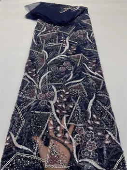 Темно-синяя Роскошная французская вышивка Жениха Кружевная ткань в африканском нигерийском стиле С блестками Ткань для свадебного платья