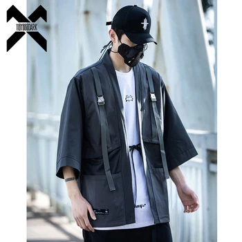 Технологичные куртки с открытой строчкой, мужские пальто в стиле хип-хоп, ленты в Японском стиле, мужские уличные топы с рукавами в семь центов