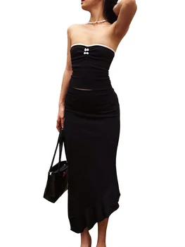 Элегантный черный женский комплект из двух предметов, топ-труба без рукавов с открытыми плечами и длинная облегающая юбка, идеально подходящие для летних мероприятий